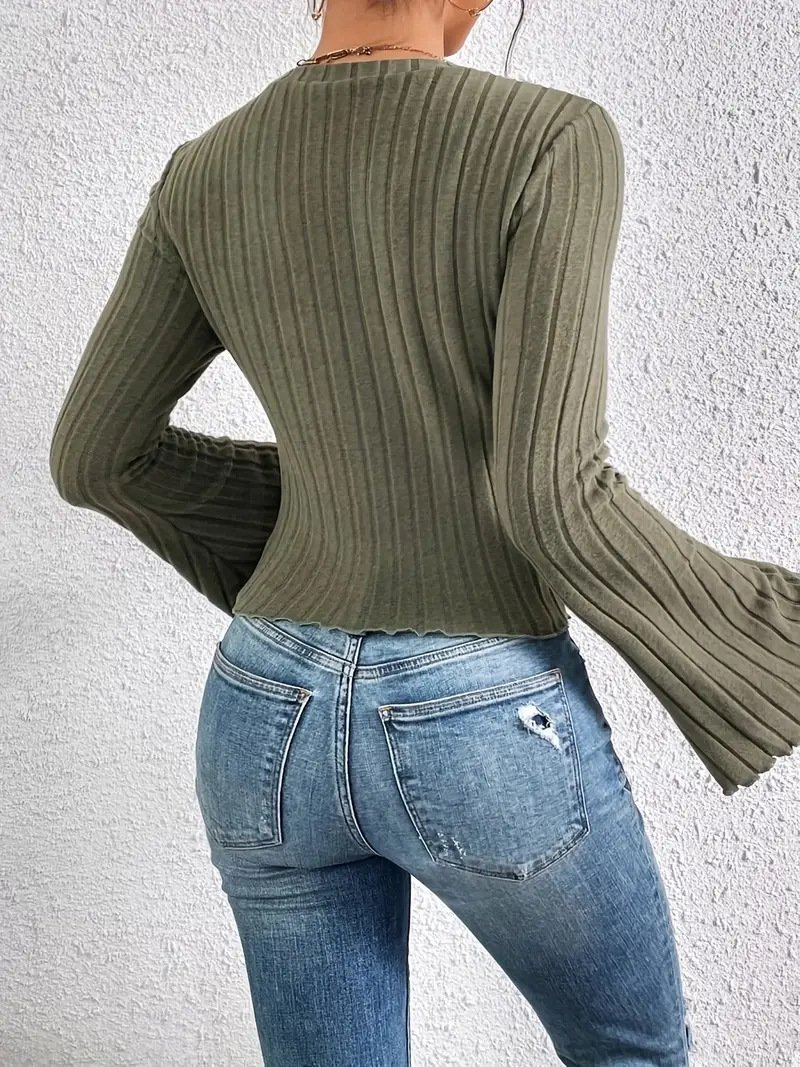 Women's Long Sleeve Blouse Spring/Fall Army Green Plain Crew Neck Daily Going Out Casual Top