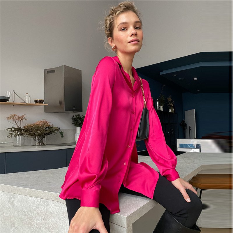 Women's Long Sleeve Shirt Spring/Fall Deep Pink Plain Shirt Collar Daily Going Out Casual Top