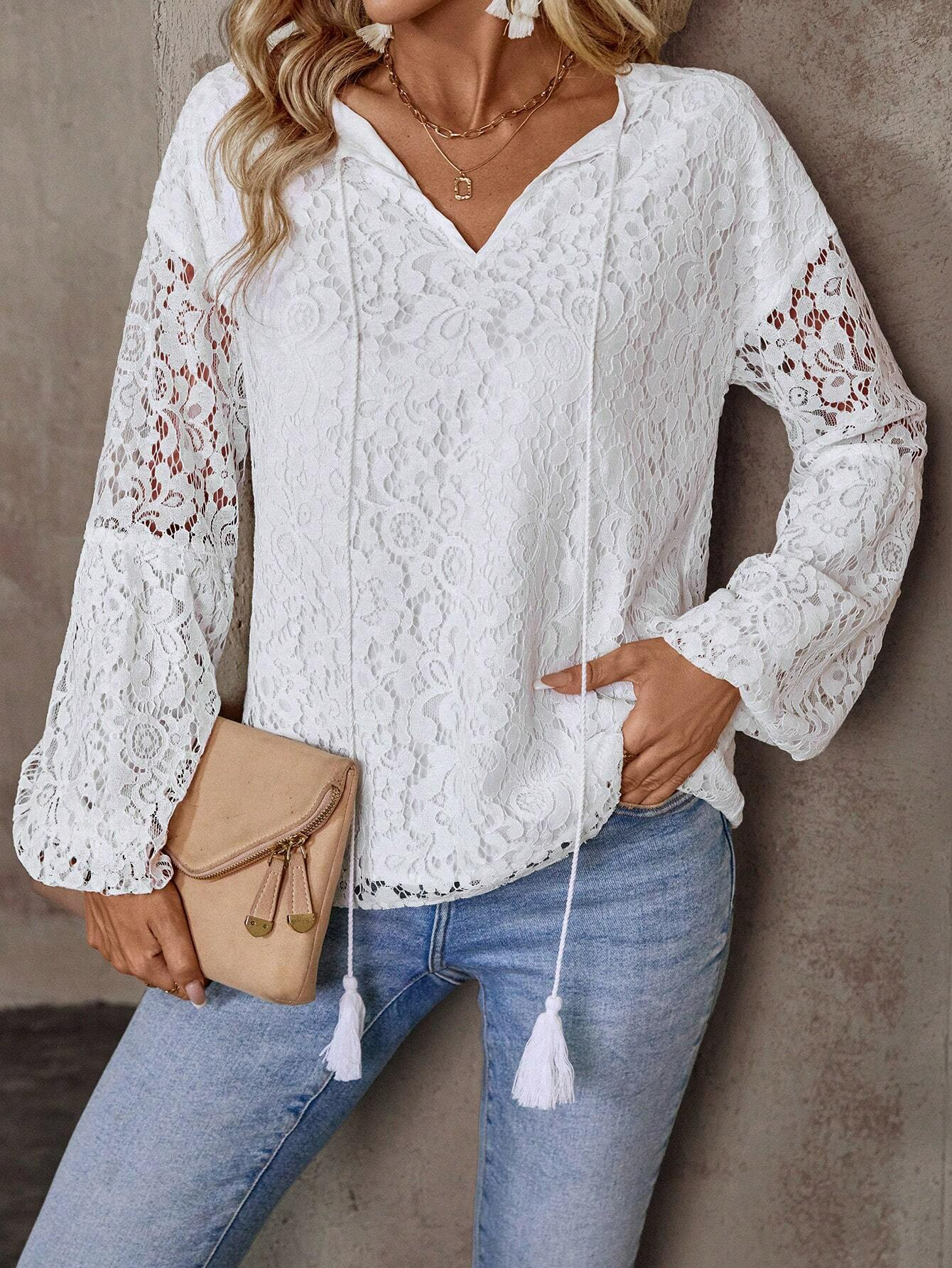 Women's Long Sleeve Blouse Spring/Fall White Plain Lace V Neck Daily Going Out Casual Top