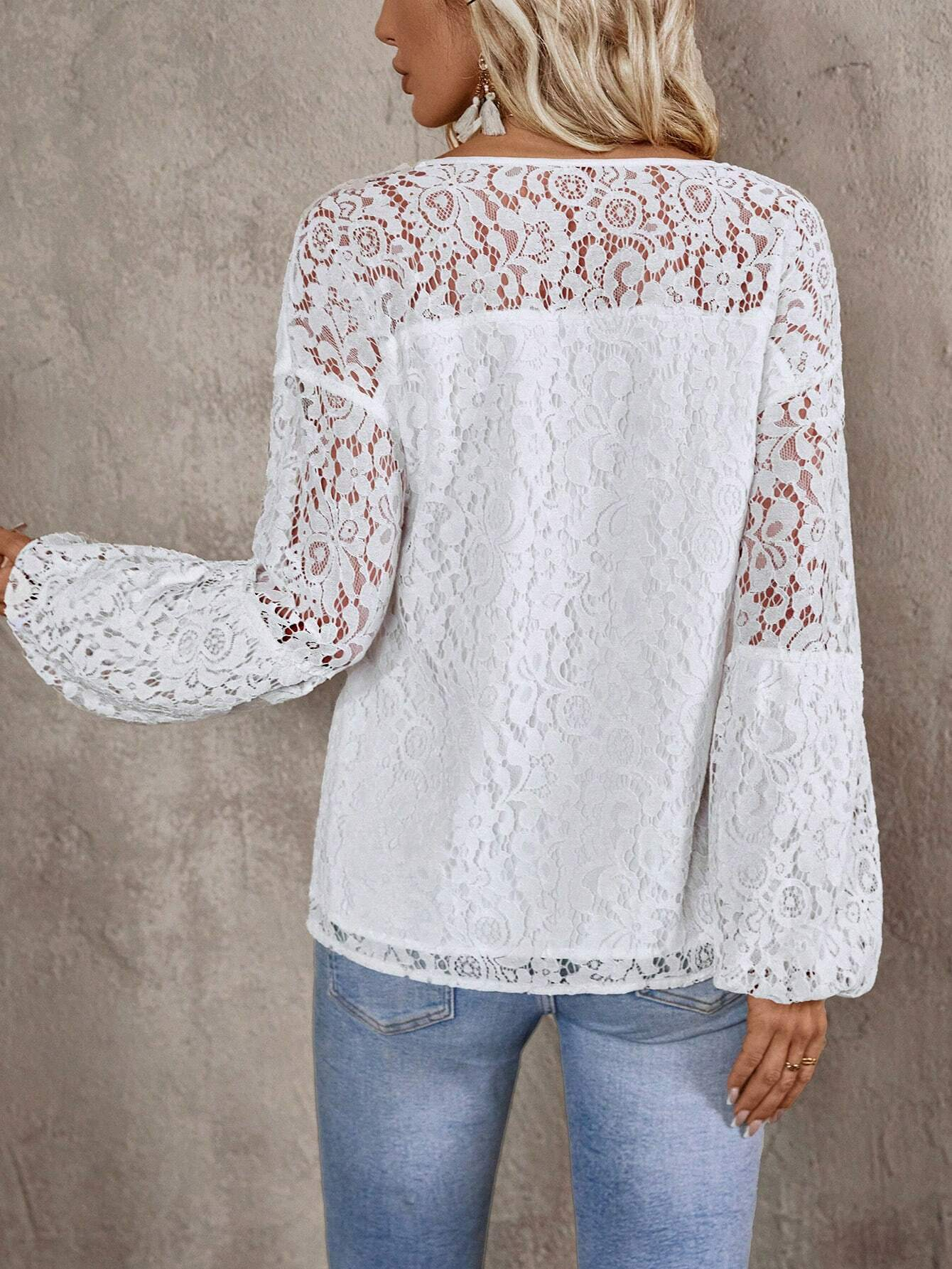 Women's Long Sleeve Blouse Spring/Fall White Plain Lace V Neck Daily Going Out Casual Top