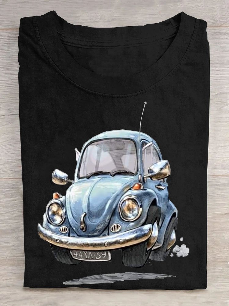 Fun car printed round neck T-shirt