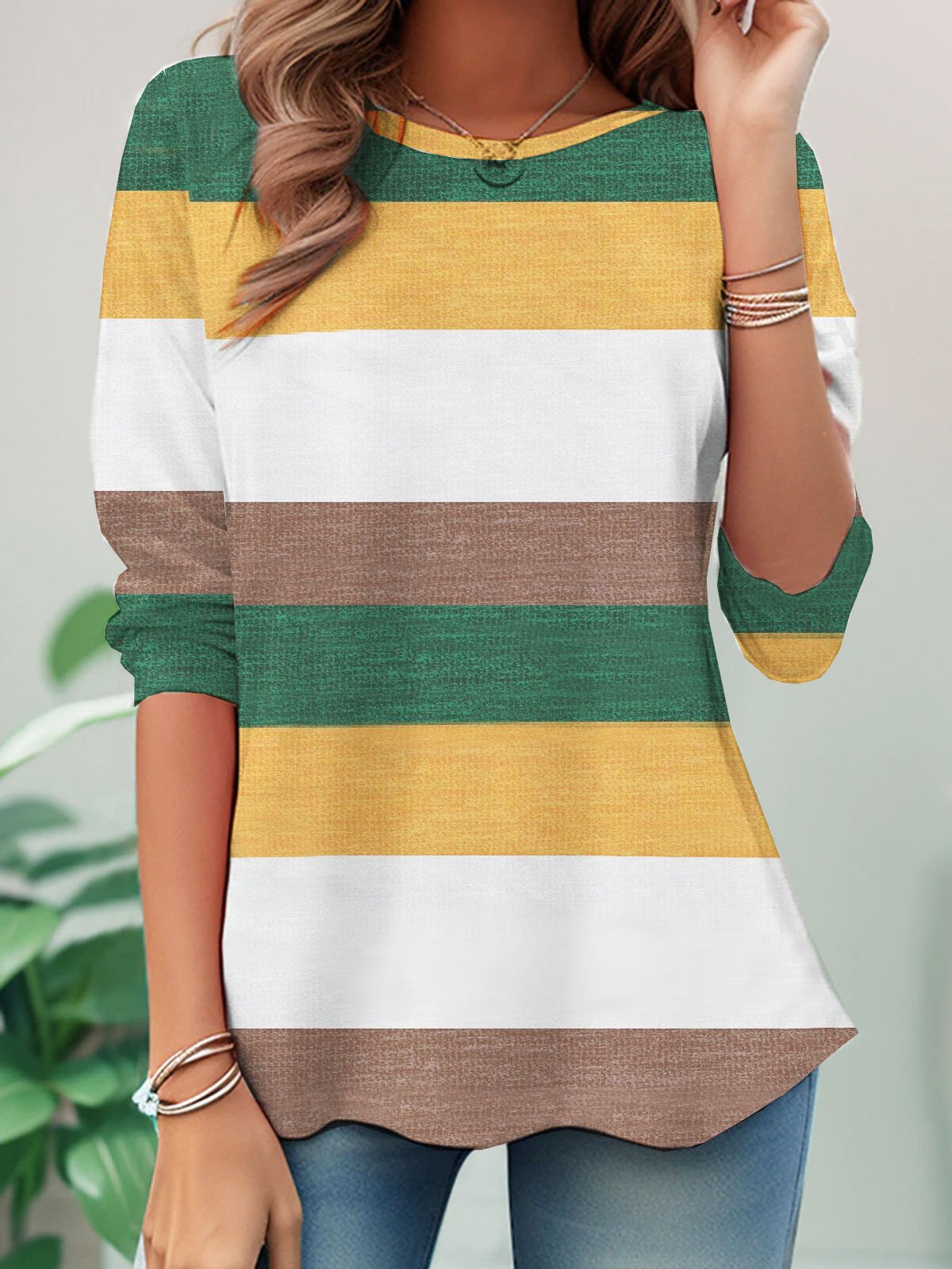 Multi colored striped printed round neck casual T-shirt