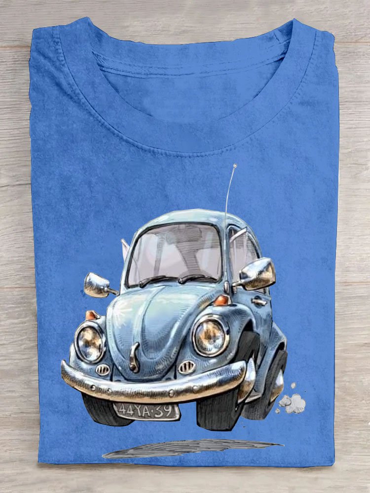 Fun car printed round neck T-shirt