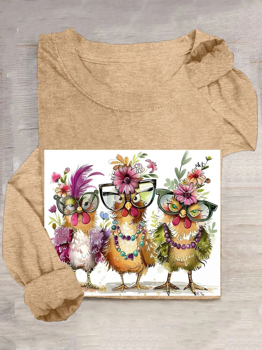 Funny Chicken Printed Casual Crew Neck Long Sleeve T-Shirt