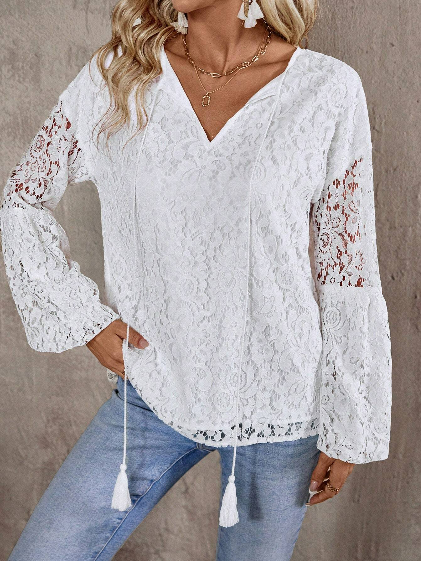 Women's Long Sleeve Blouse Spring/Fall White Plain Lace V Neck Daily Going Out Casual Top