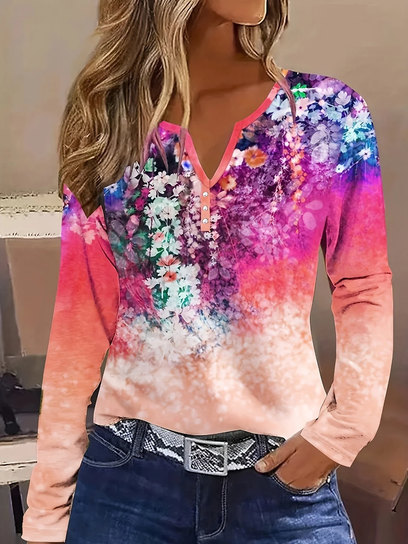 Loose Casual Floral V Neck Blouse