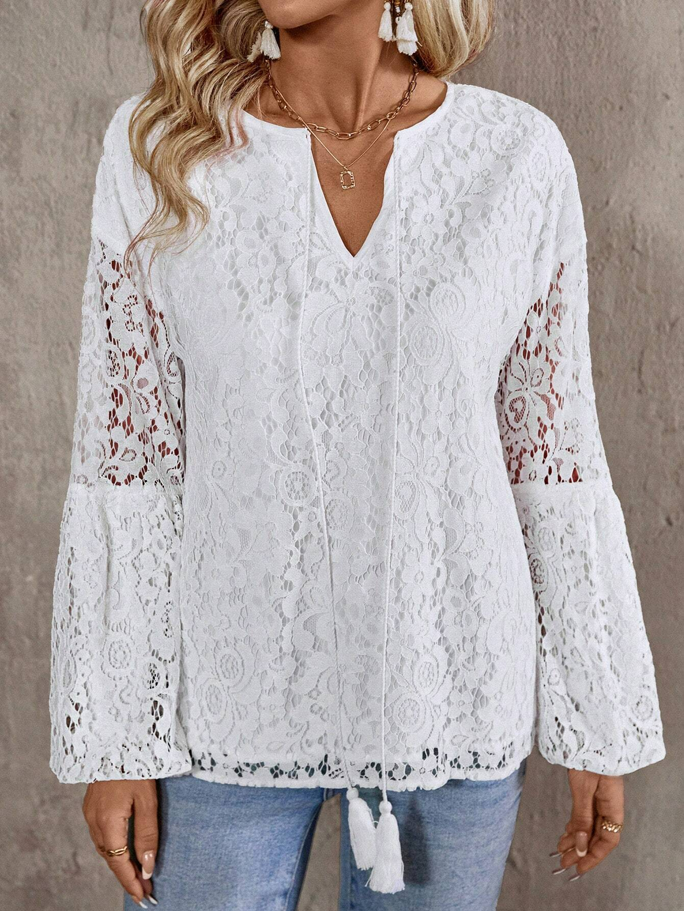 Women's Long Sleeve Blouse Spring/Fall White Plain Lace V Neck Daily Going Out Casual Top