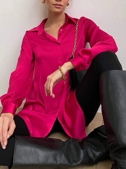 Women's Long Sleeve Shirt Spring/Fall Deep Pink Plain Shirt Collar Daily Going Out Casual Top