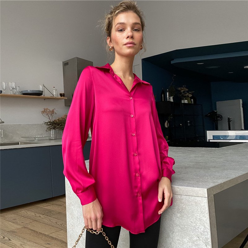 Women's Long Sleeve Shirt Spring/Fall Deep Pink Plain Shirt Collar Daily Going Out Casual Top