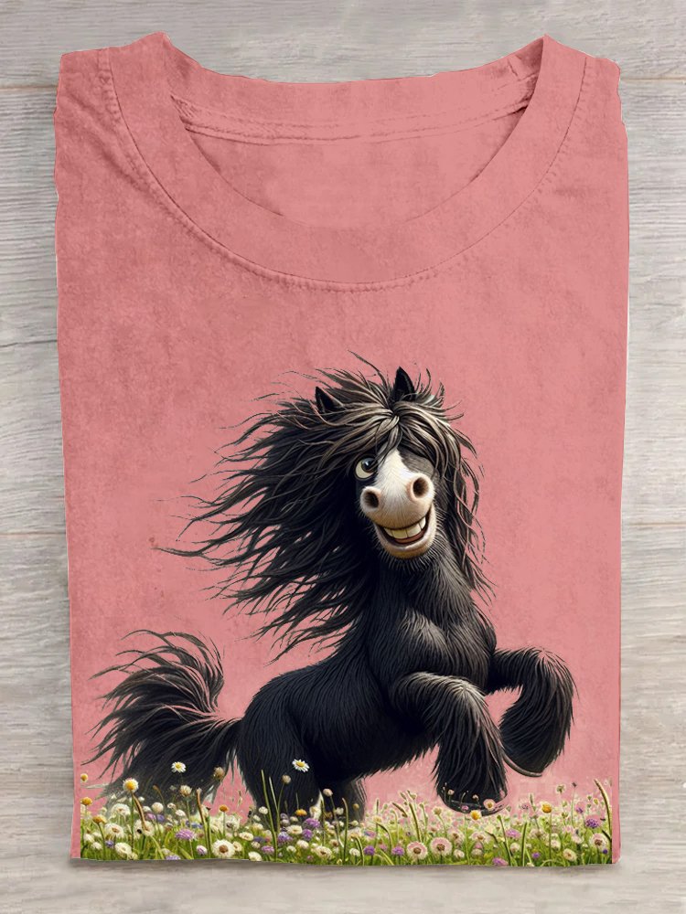 Cotton Casual Horse Crew Neck T-Shirt