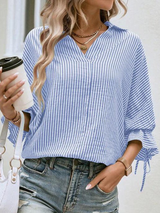 Striped Cross Casual Shawl Collar Blouse