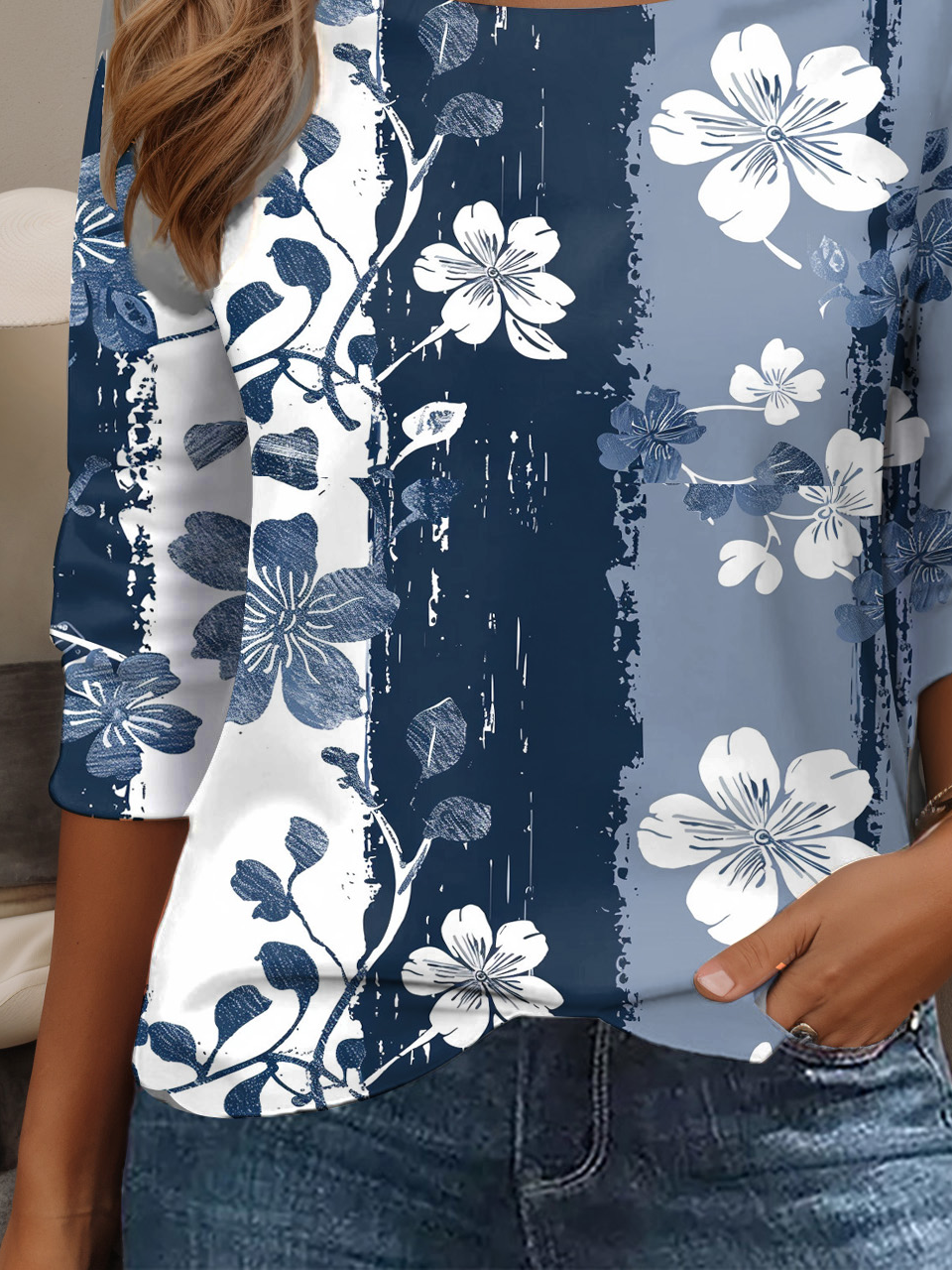 Women's Long Sleeve T-shirt Spring/Fall Blue Floral Jersey Crew Neck Daily Going Out Casual Top