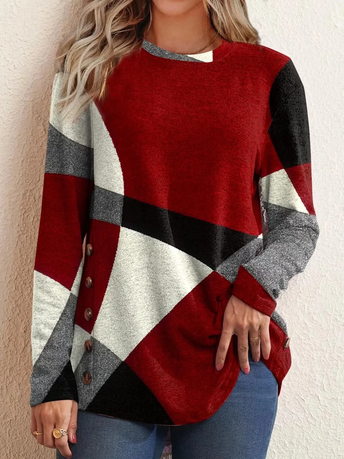 Loose Plaid Casual Crew Neck Blouse