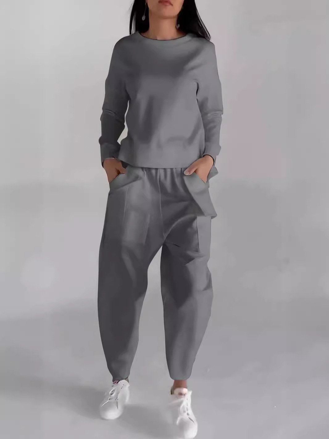 Casual Crew Neck Plain Two-Piece Set