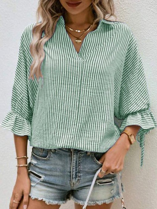 Striped Cross Casual Shawl Collar Blouse