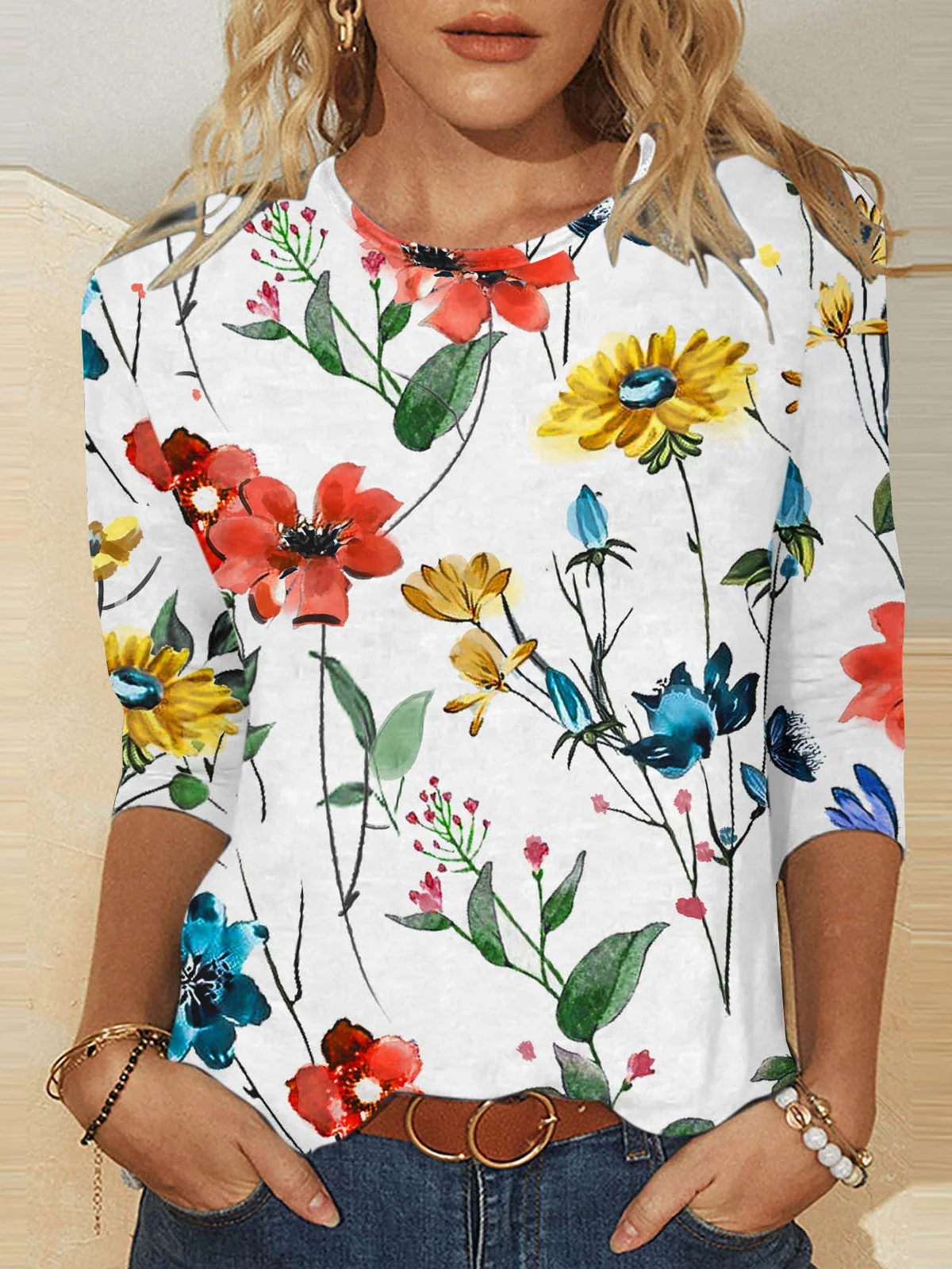 Women's Floral Printing Knitted Crew Neck Daily Going Out Casual Top