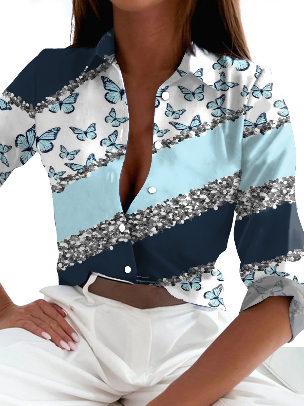 Women's Long Sleeve Shirt Spring/Fall White Geometric Shirt Collar Daily Going Out Casual Top