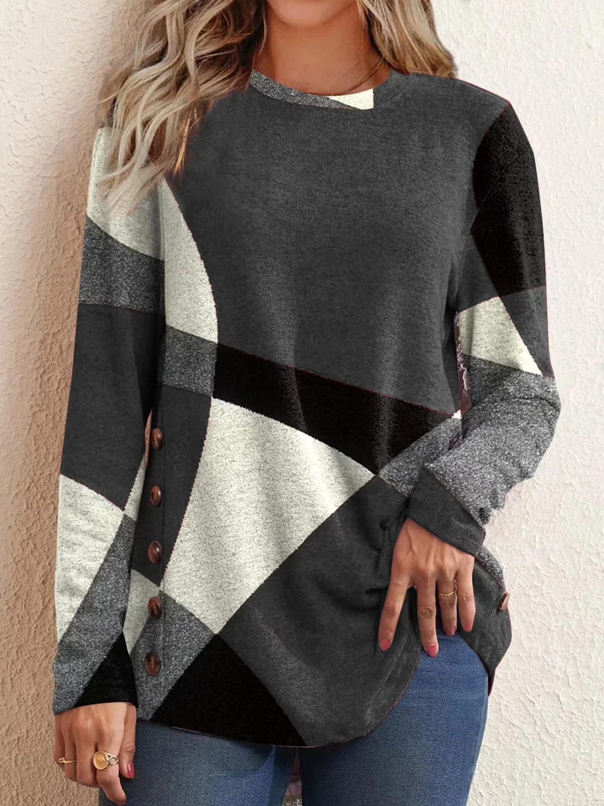 Loose Plaid Casual Crew Neck Blouse