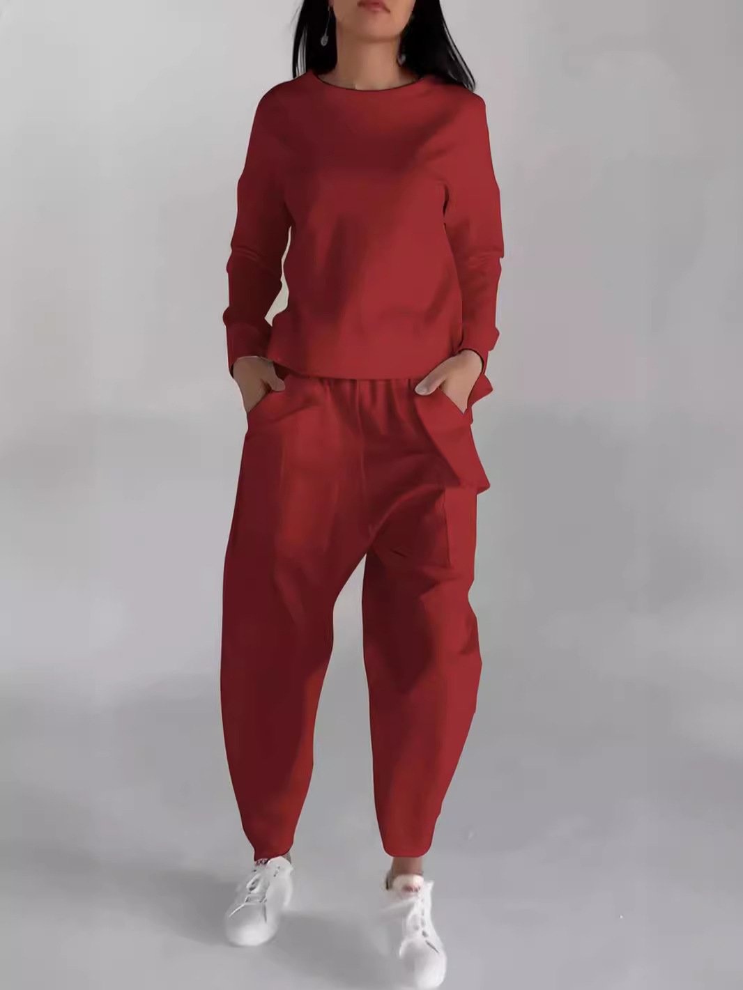 Casual Crew Neck Plain Two-Piece Set