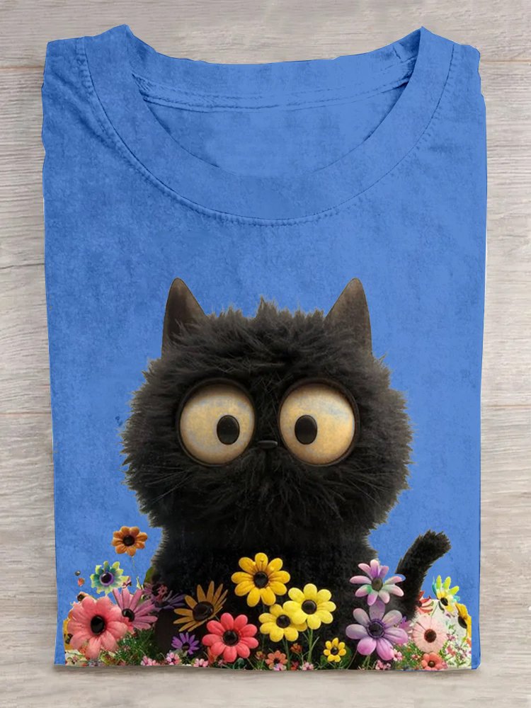 Crew Neck Casual Cat Loose T-Shirt