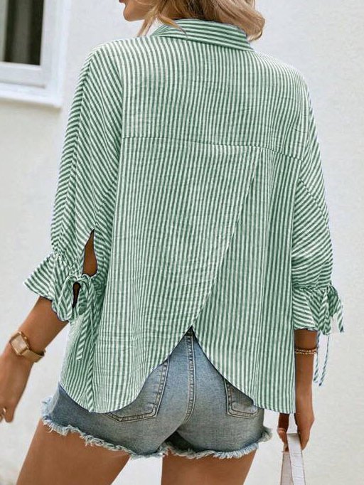 Striped Cross Casual Shawl Collar Blouse