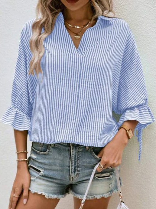 Striped Cross Casual Shawl Collar Blouse