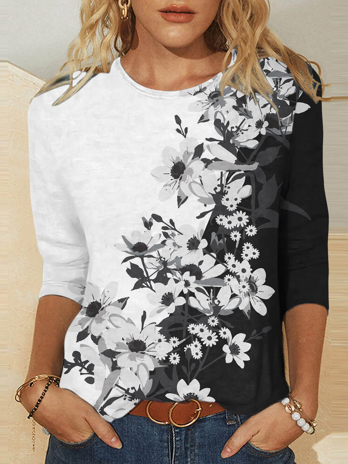 Women's Floral Printing Knitted Crew Neck Daily Going Out Casual Top