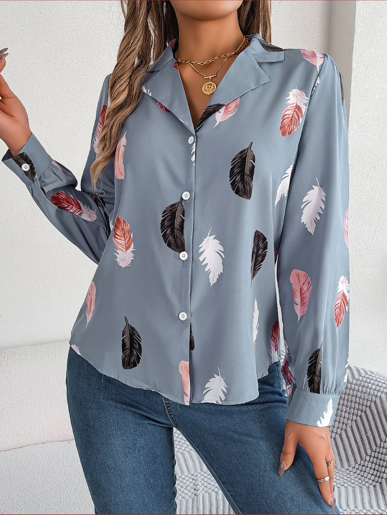 Shirt Collar Casual Leaf Loose Shirt