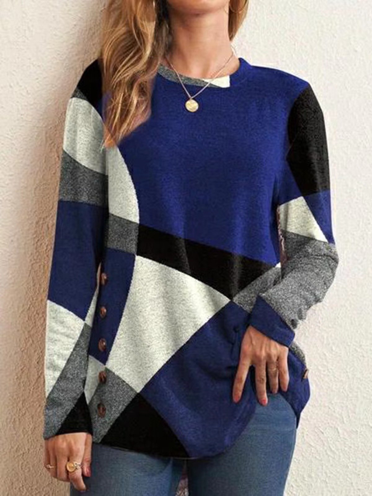 Loose Plaid Casual Crew Neck Blouse