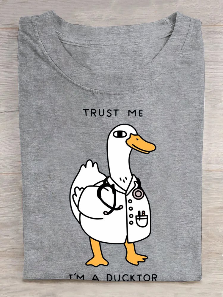 Duck Letter Pattern Cotton Crew Neck Casual T-Shirt