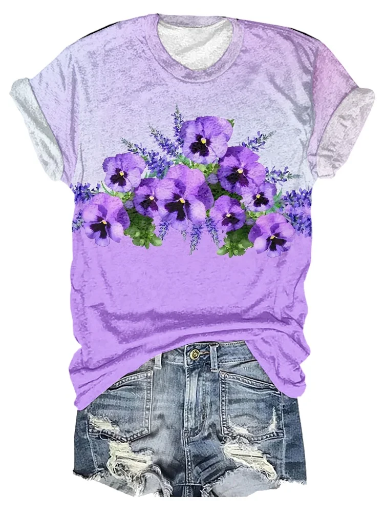 Women's Purple Flower Alzheimer's Awareness Support Casual O-Neck Tee