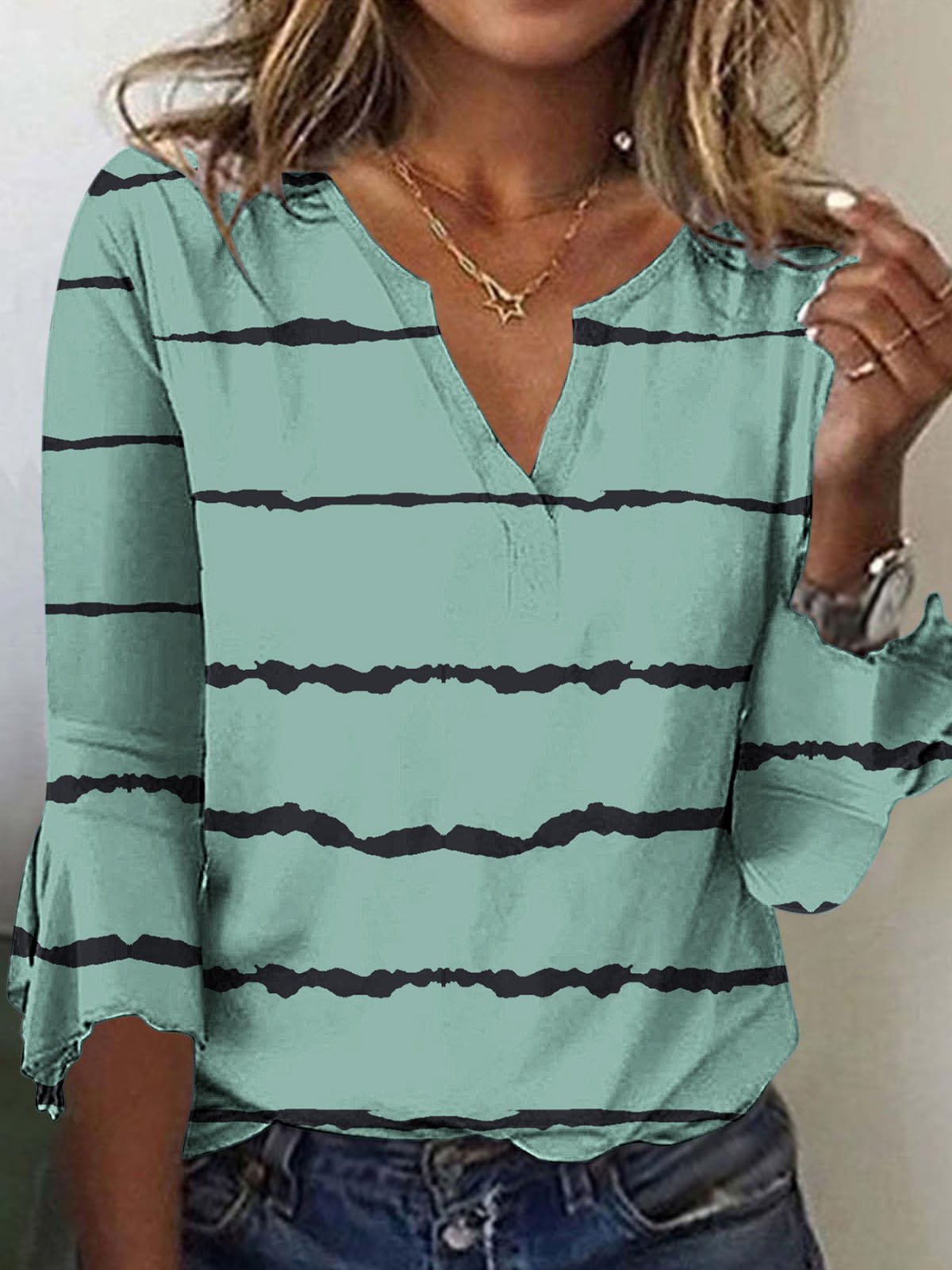 Casual Notched Striped Loose T-Shirt