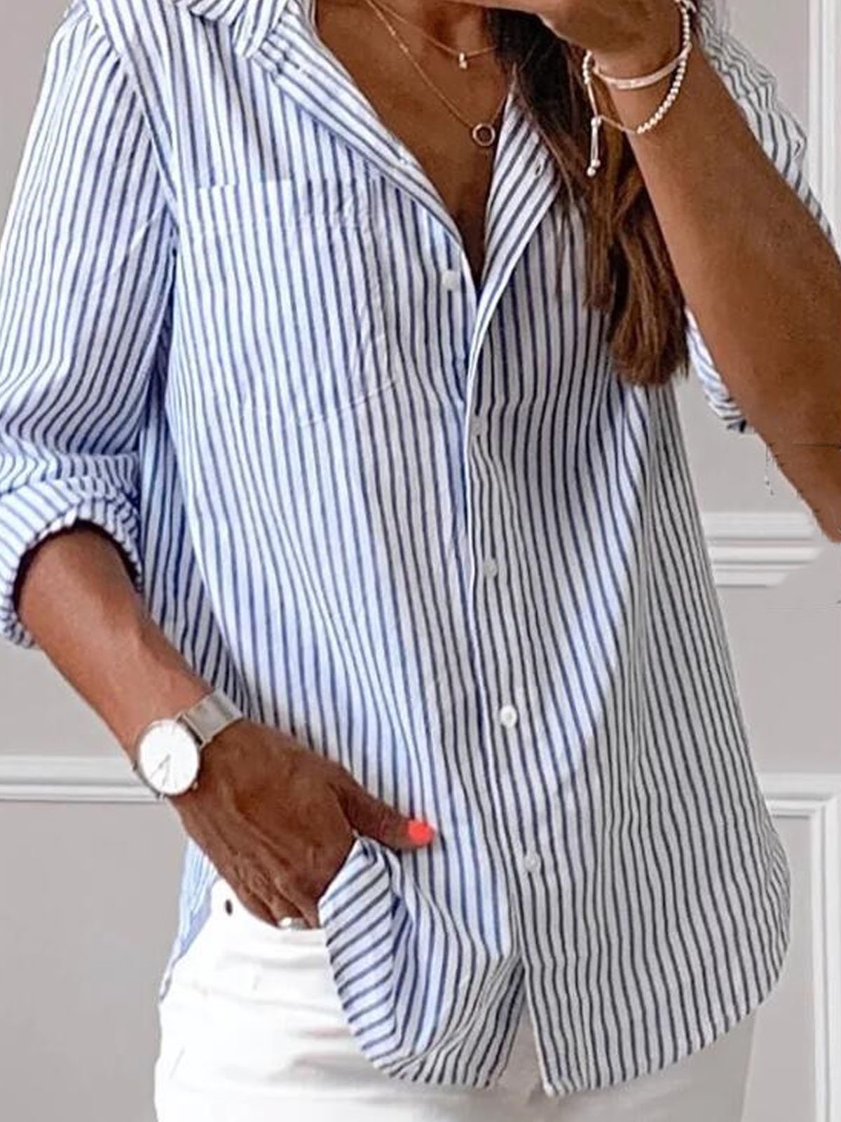 Shirt Collar Striped Loose Casual Shirt