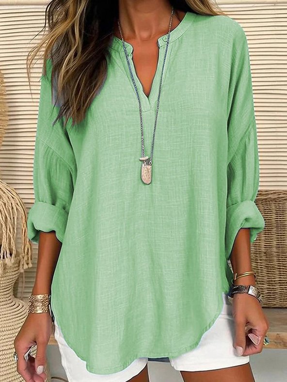 Loose Plain Notched Casual Blouse