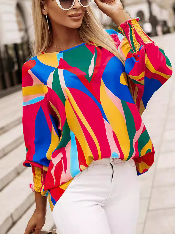 Loose Geometric Crew Neck Casual Blouse