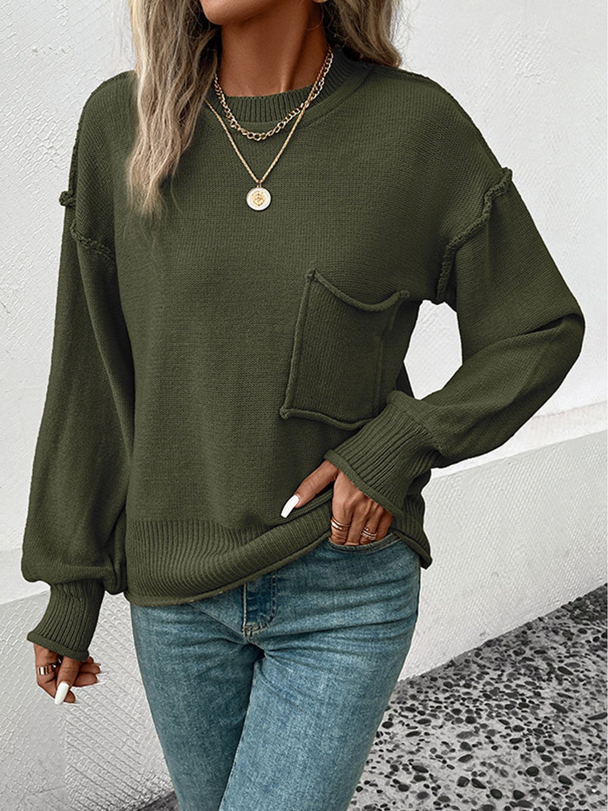 Crew Neck Casual Plain Sweater