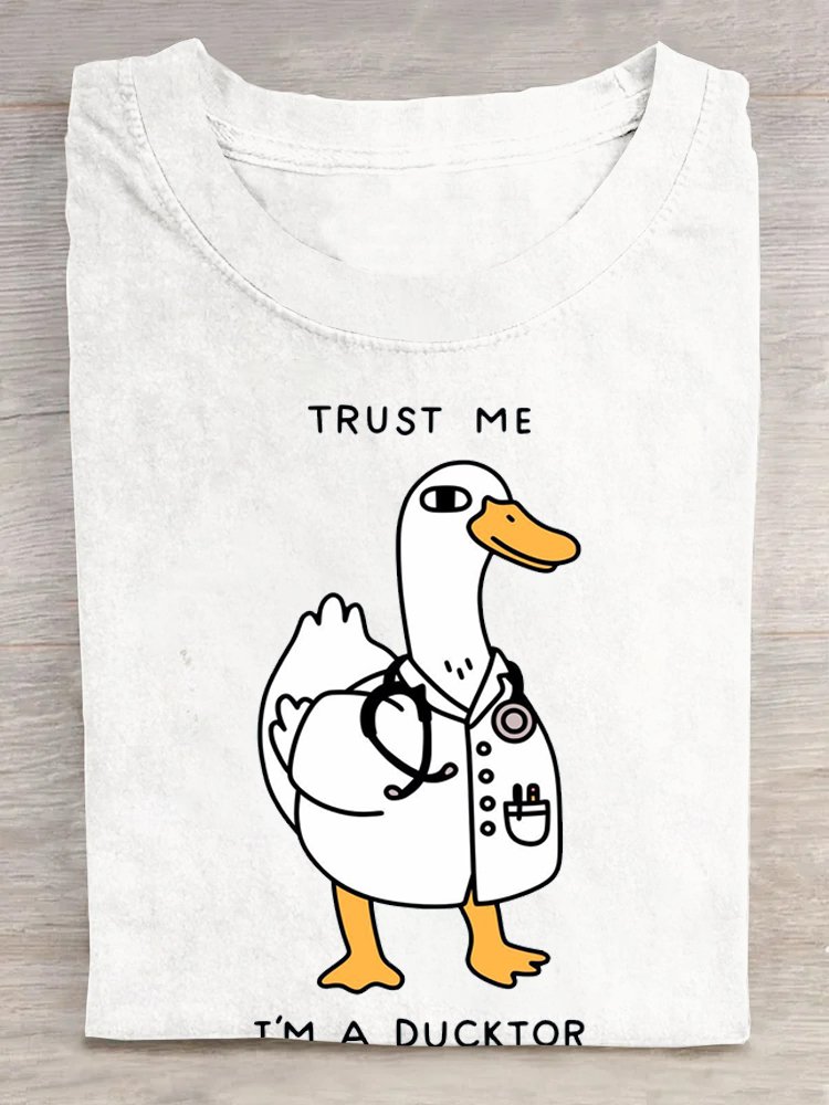 Duck Letter Pattern Cotton Crew Neck Casual T-Shirt