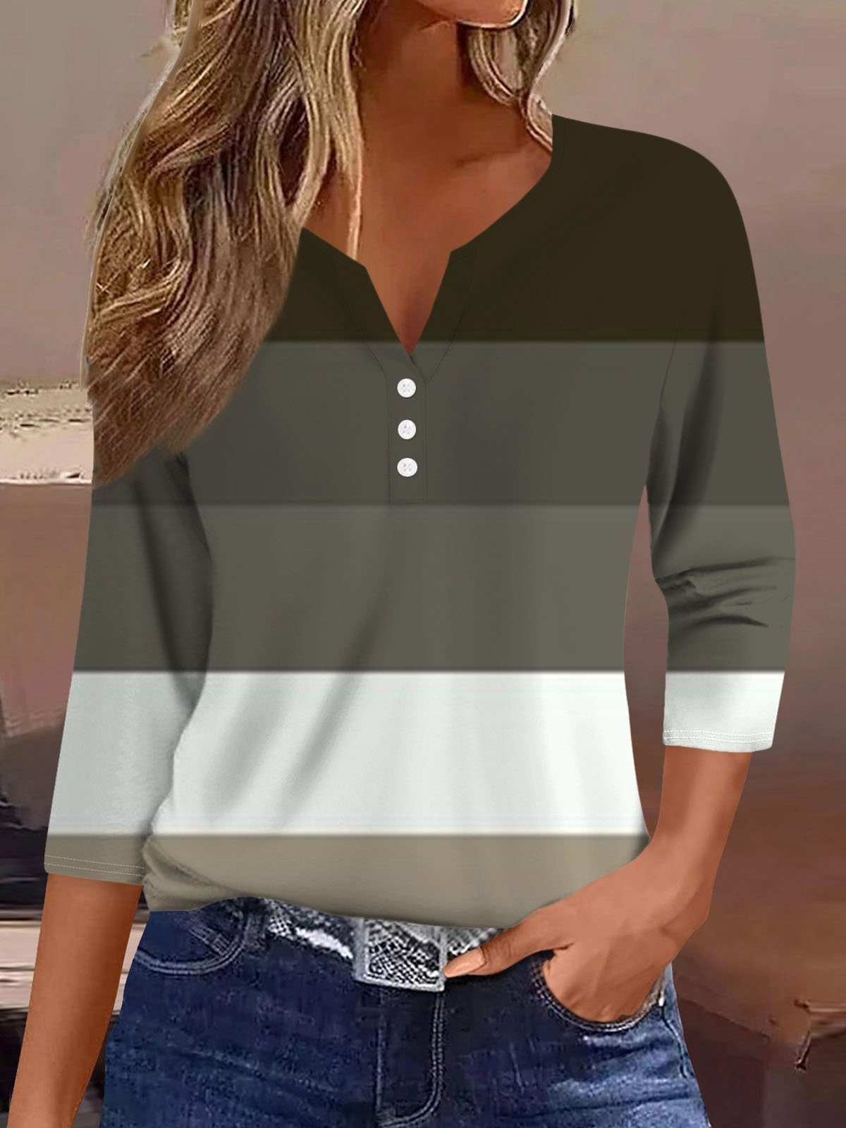 Striped Notched Casual T-Shirt