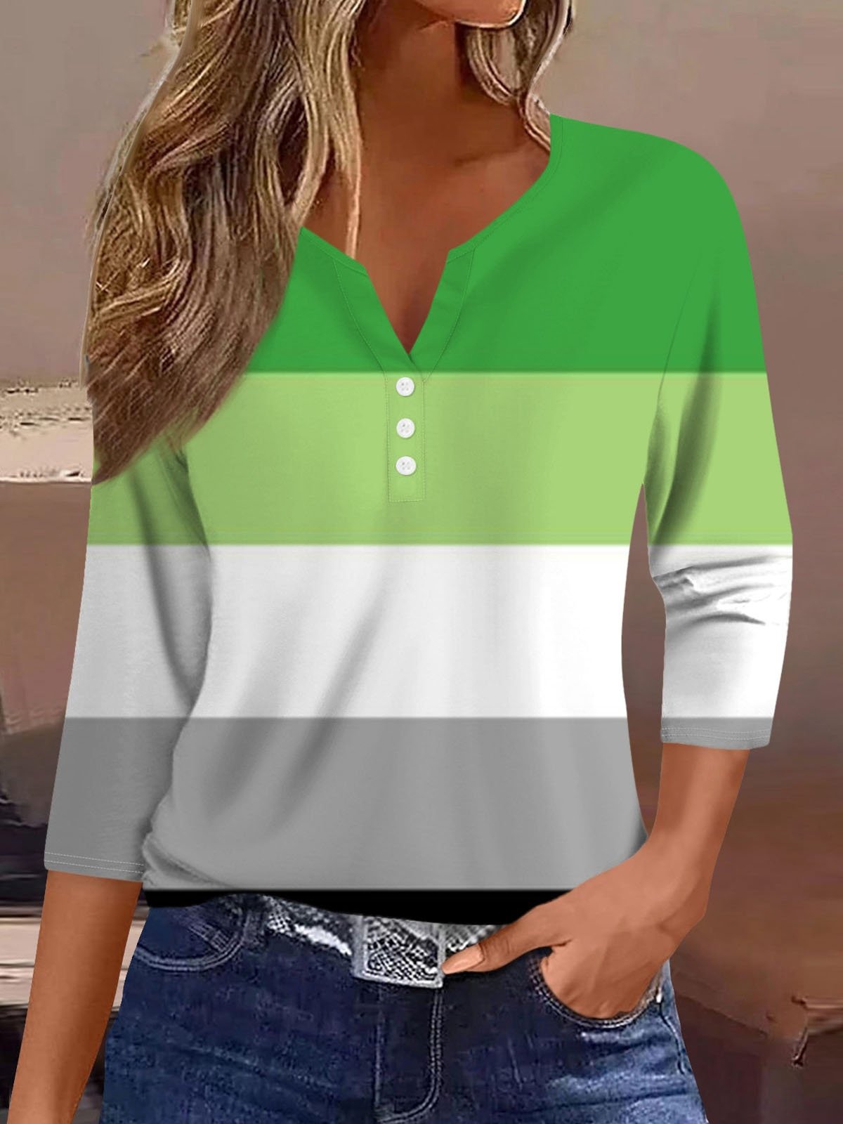 Striped Notched Casual T-Shirt