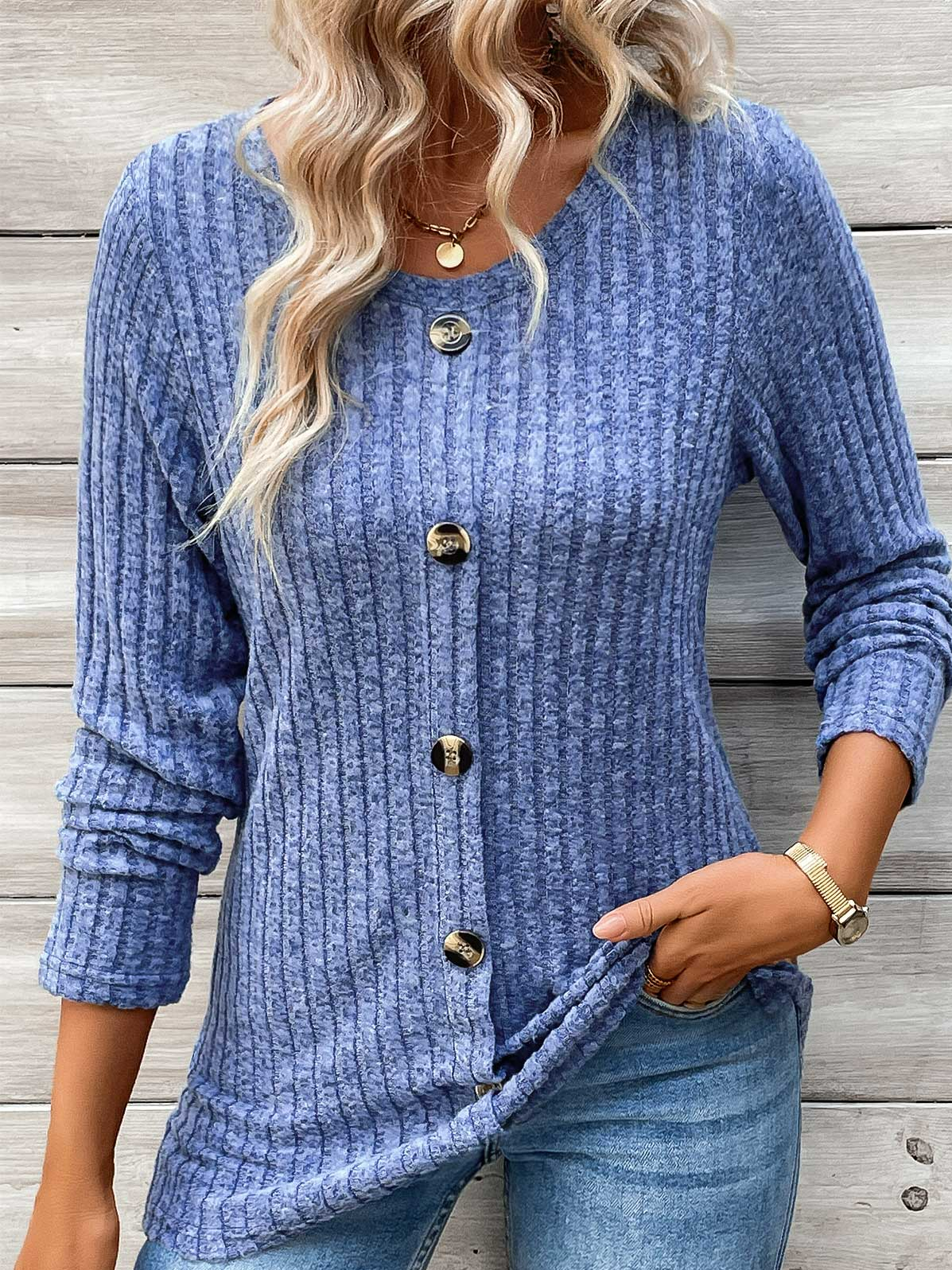 Women's Long Sleeve T-shirt Spring/Fall Blue Plain Buckle Crew Neck Daily Going Out Casual Top