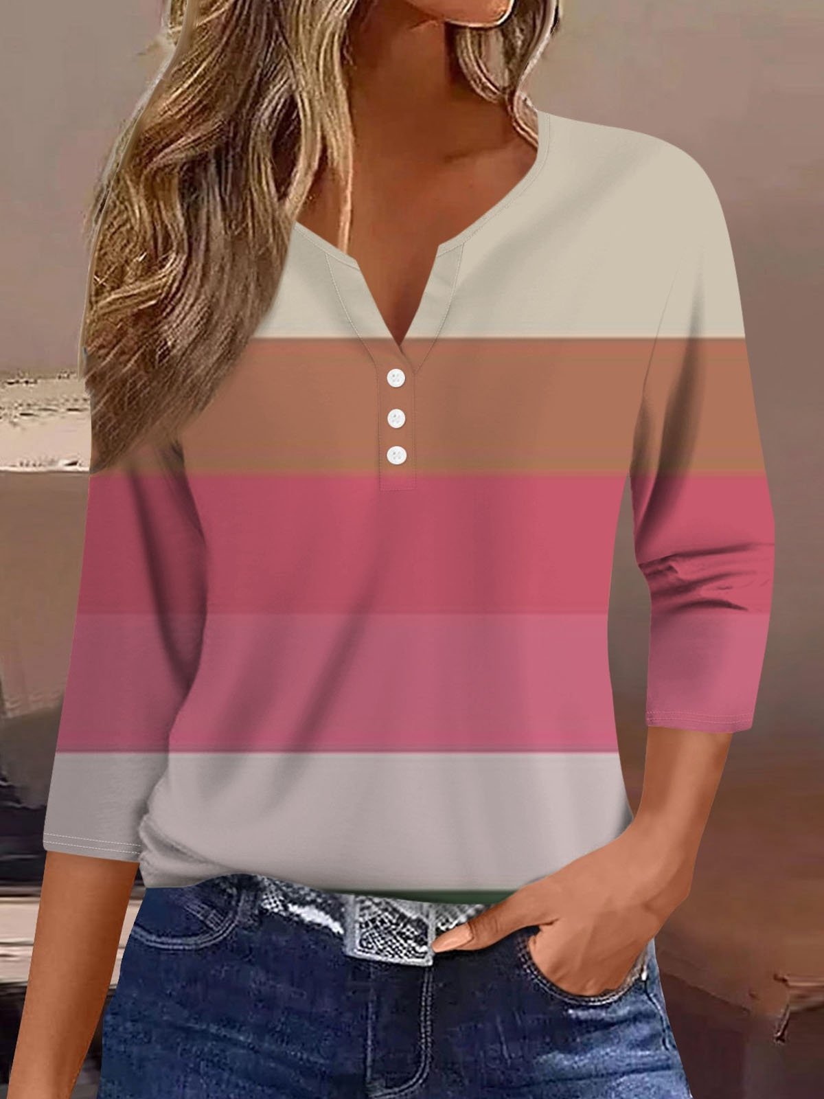 Striped Notched Casual T-Shirt