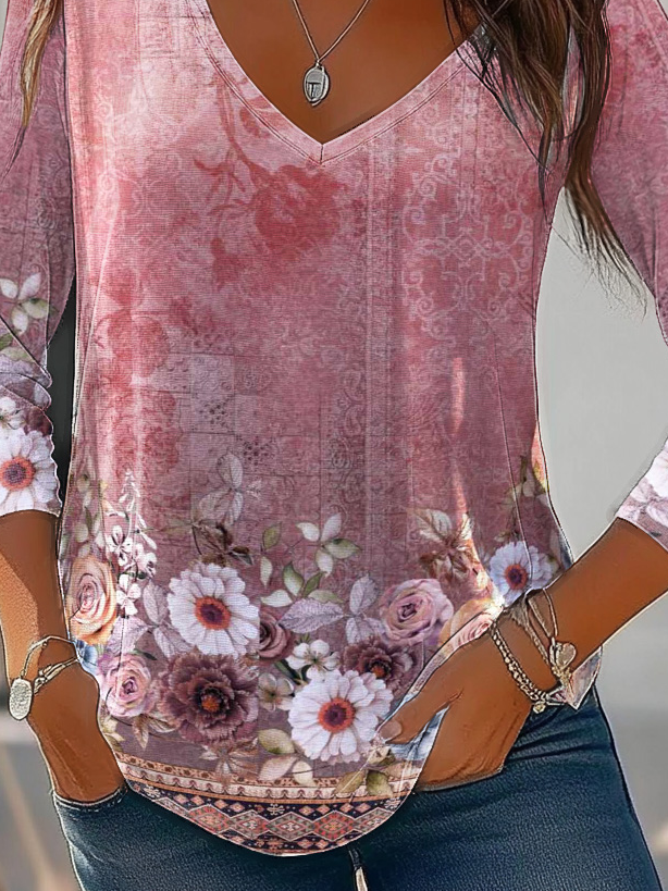 Women's Long Sleeve T-shirt Spring/Fall Pink Floral Jersey V Neck Daily Going Out Casual Top