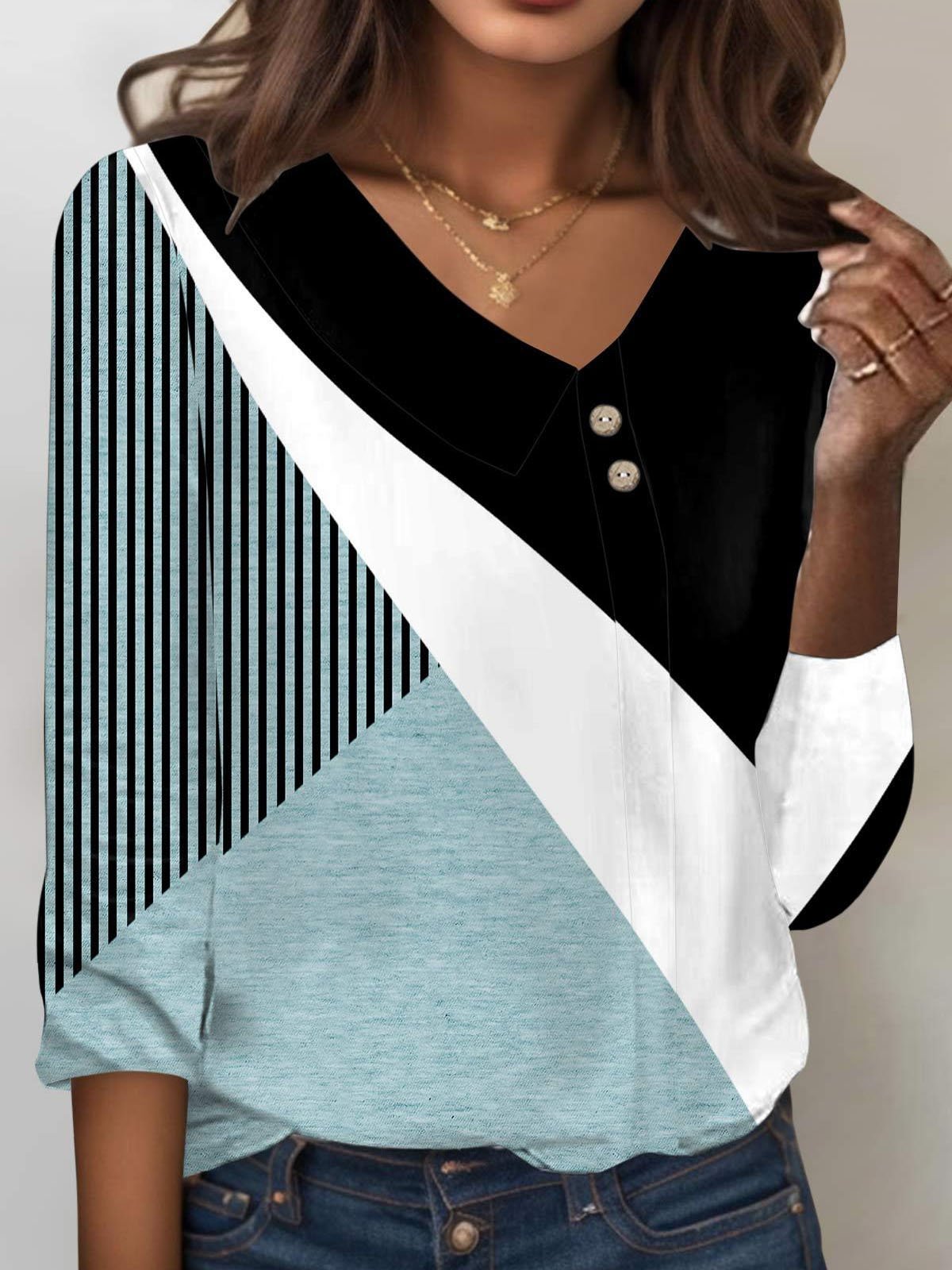 Striped Asymmetrical Collar Casual T-Shirt