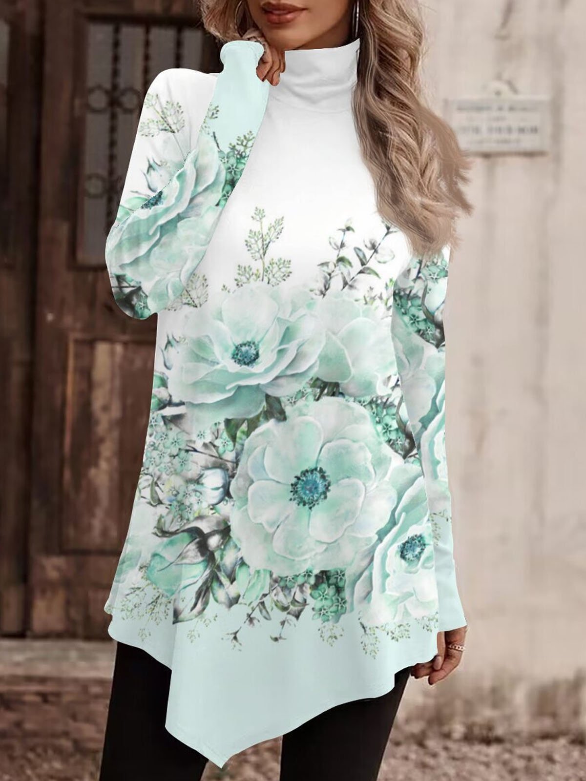 Mock Neck Floral Casual Loose T-Shirt