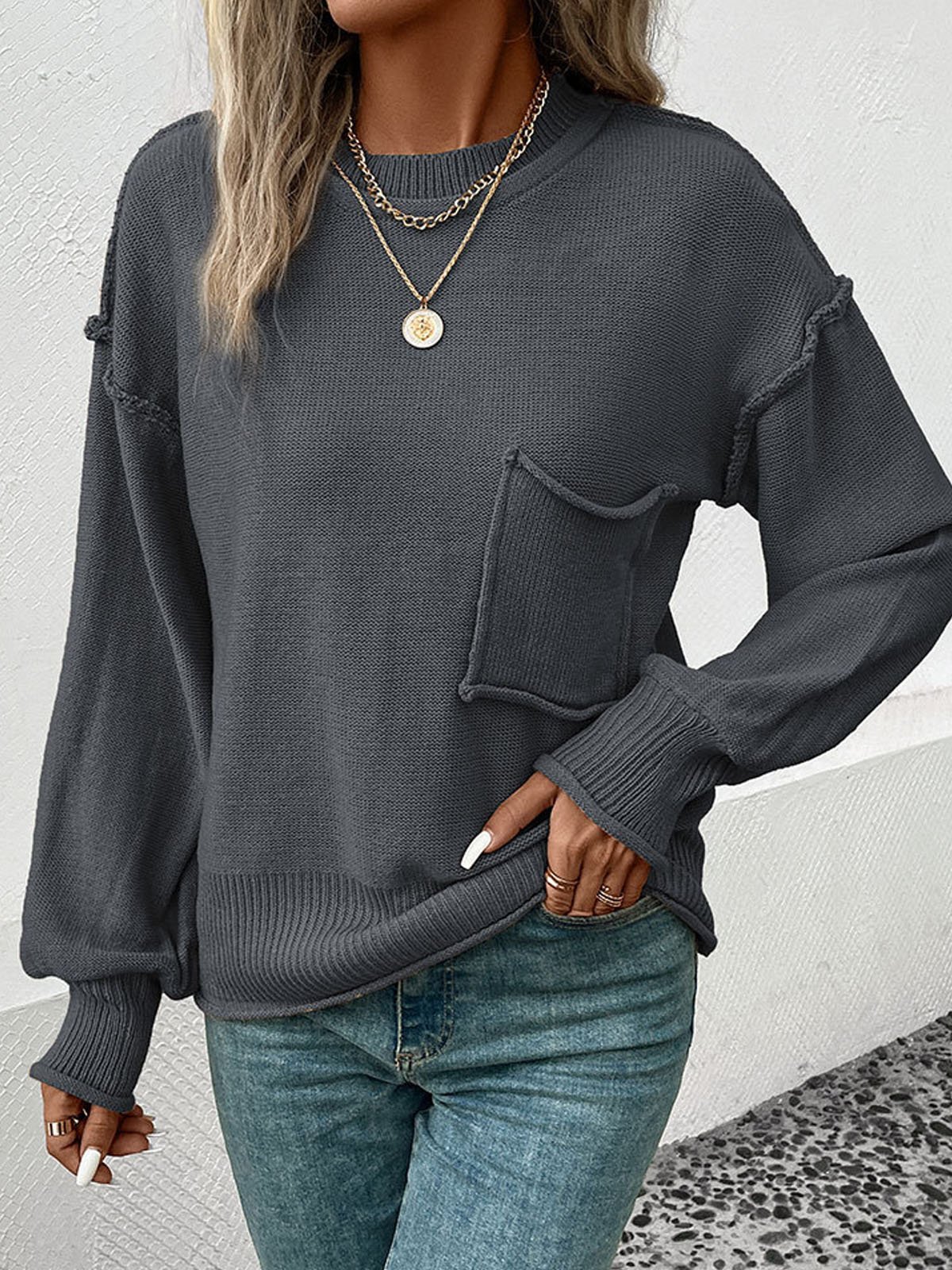 Crew Neck Casual Plain Sweater