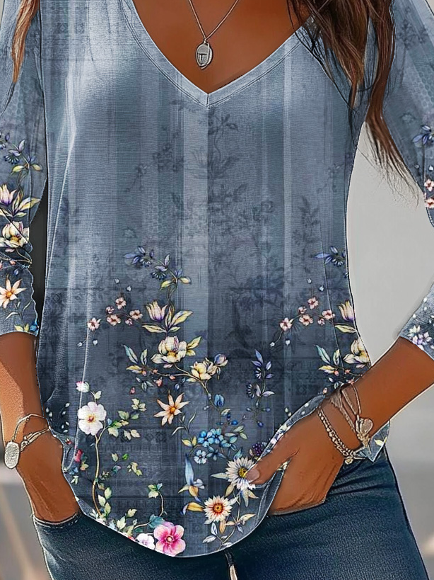 Women's Long Sleeve T-shirt Spring/Fall Blue Floral Jersey V Neck Daily Going Out Casual Top