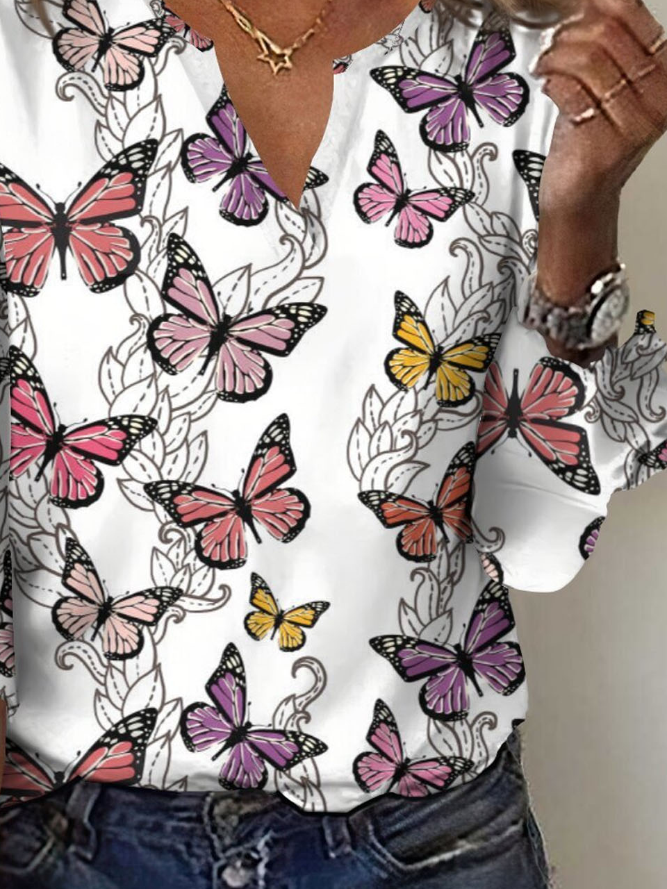 Notched Casual Butterfly T-Shirt