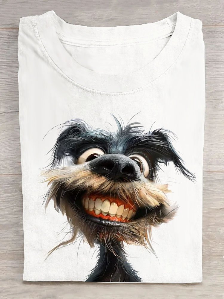 Funny Toothed Dog Printed Round Neck T-shirt