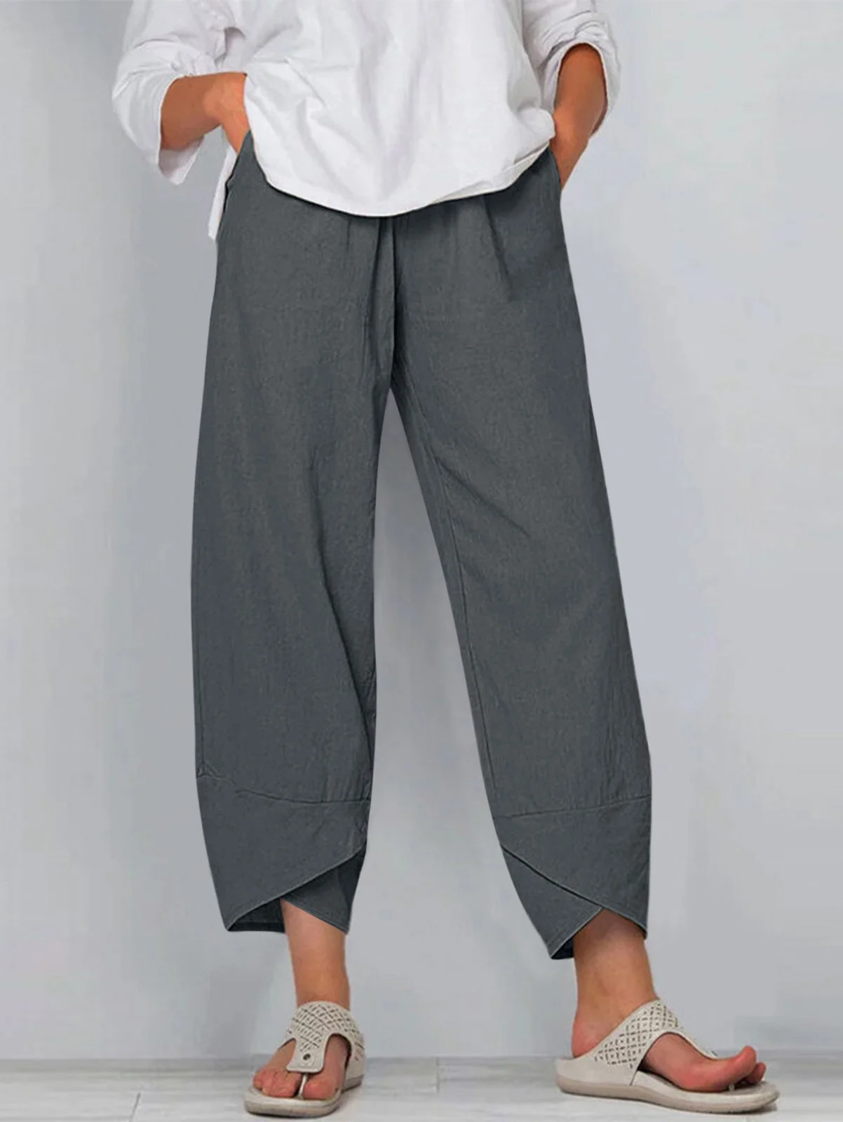 Cotton Pocket Stitching Casual Plain Pants