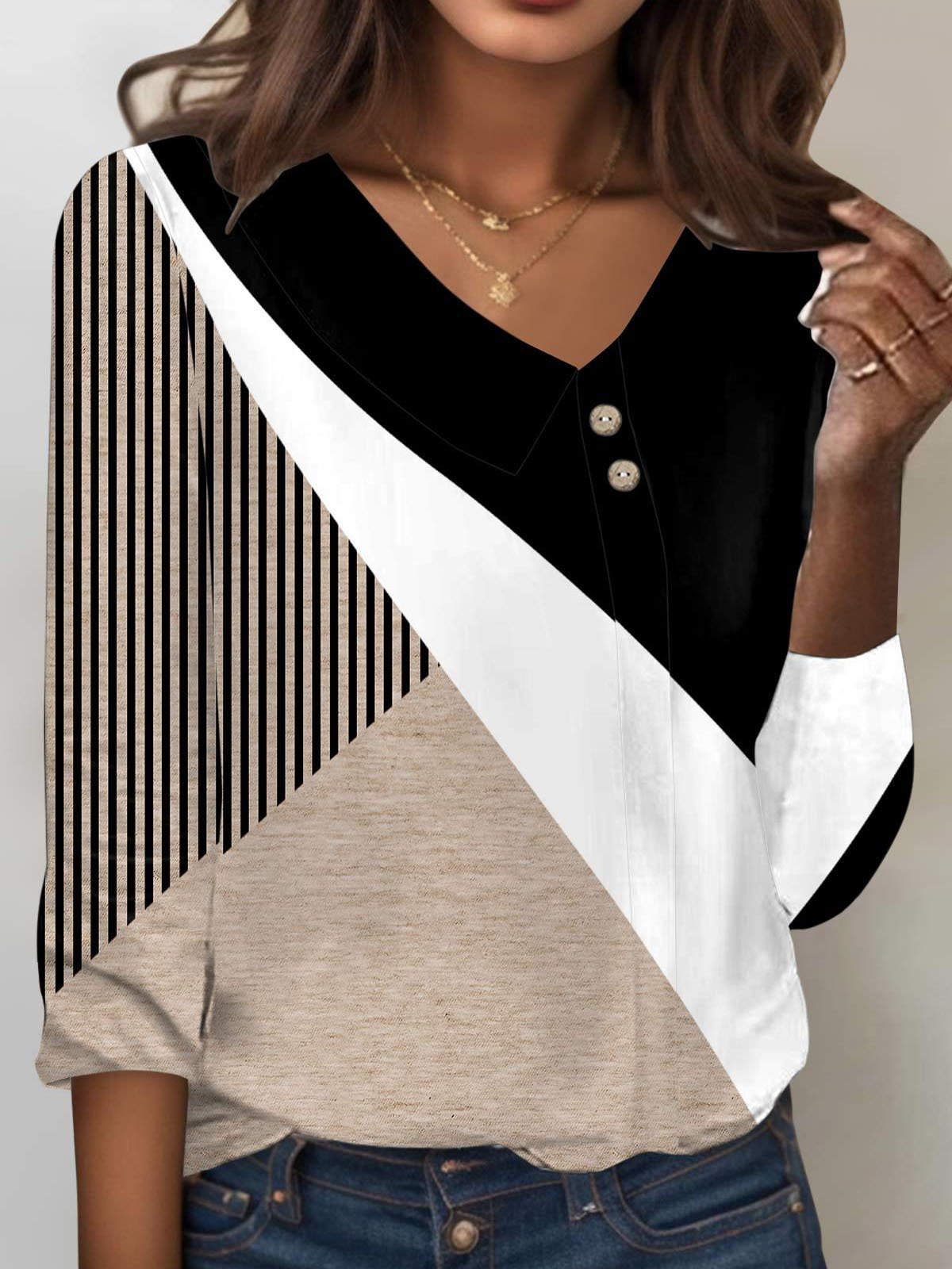 Striped Asymmetrical Collar Casual T-Shirt